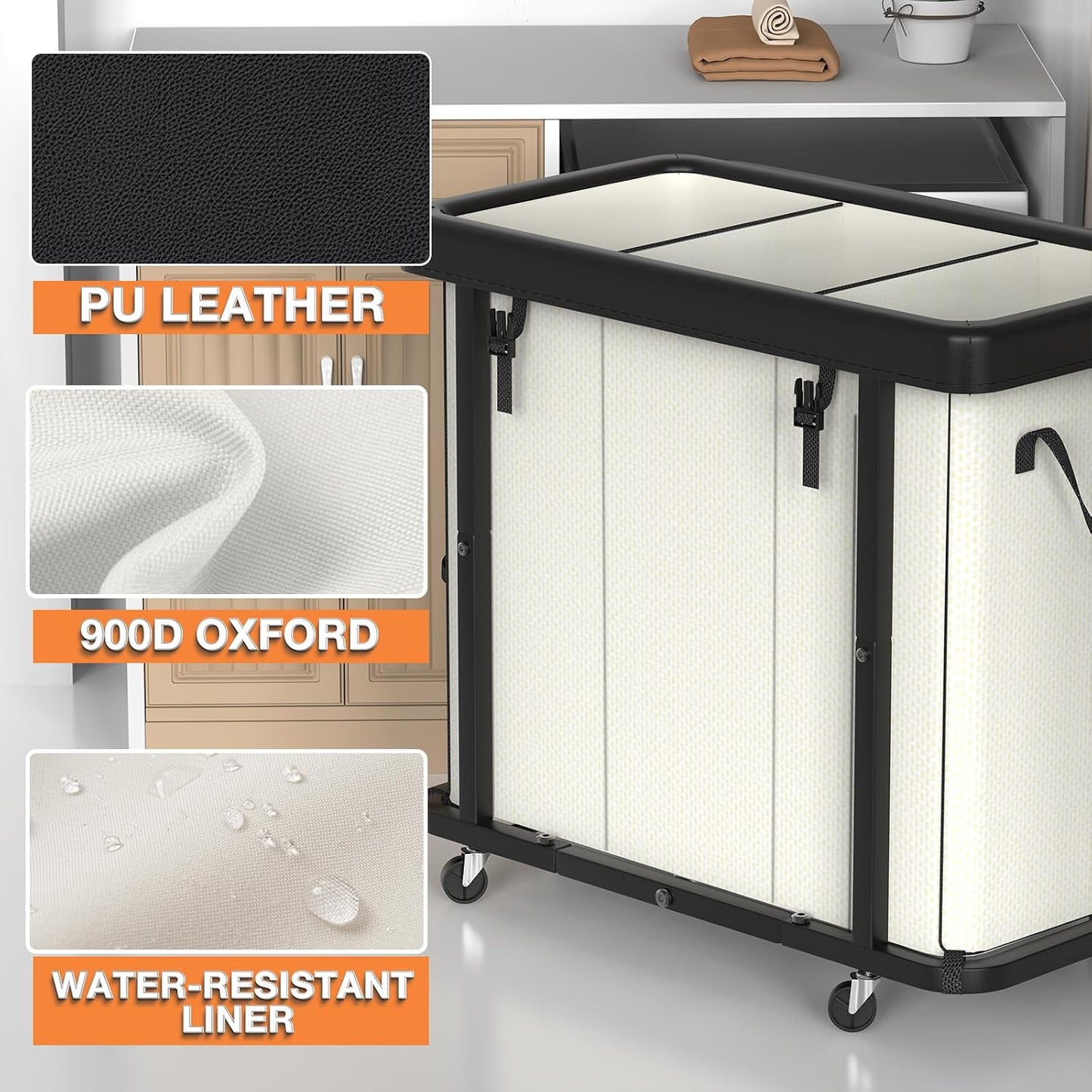 Laundry Hamper with Wheels,150L Leather Patchwork Clothes Hamper Black | Rolling Laundry Basket with Sturdy Metal Frame, Removable Washable Bag,Tall Clothes Sorter for Bedroom, Laundry Room, Dorm