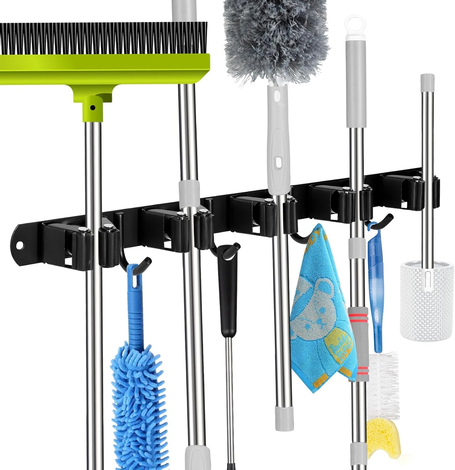 voze 5 Racks and 4 Hooks Mop and Broom Holder Wall Mount, Self Adhesive Heavy Duty Broom Hanger Organizer Storage Tool Racks for Kitchen Garden Laundry Garage