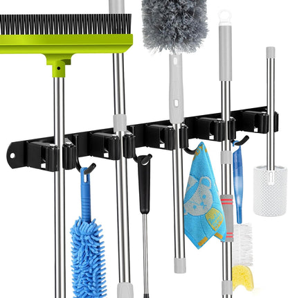 voze 5 Racks and 4 Hooks Mop and Broom Holder Wall Mount, Self Adhesive Heavy Duty Broom Hanger Organizer Storage Tool Racks for Kitchen Garden Laundry Garage