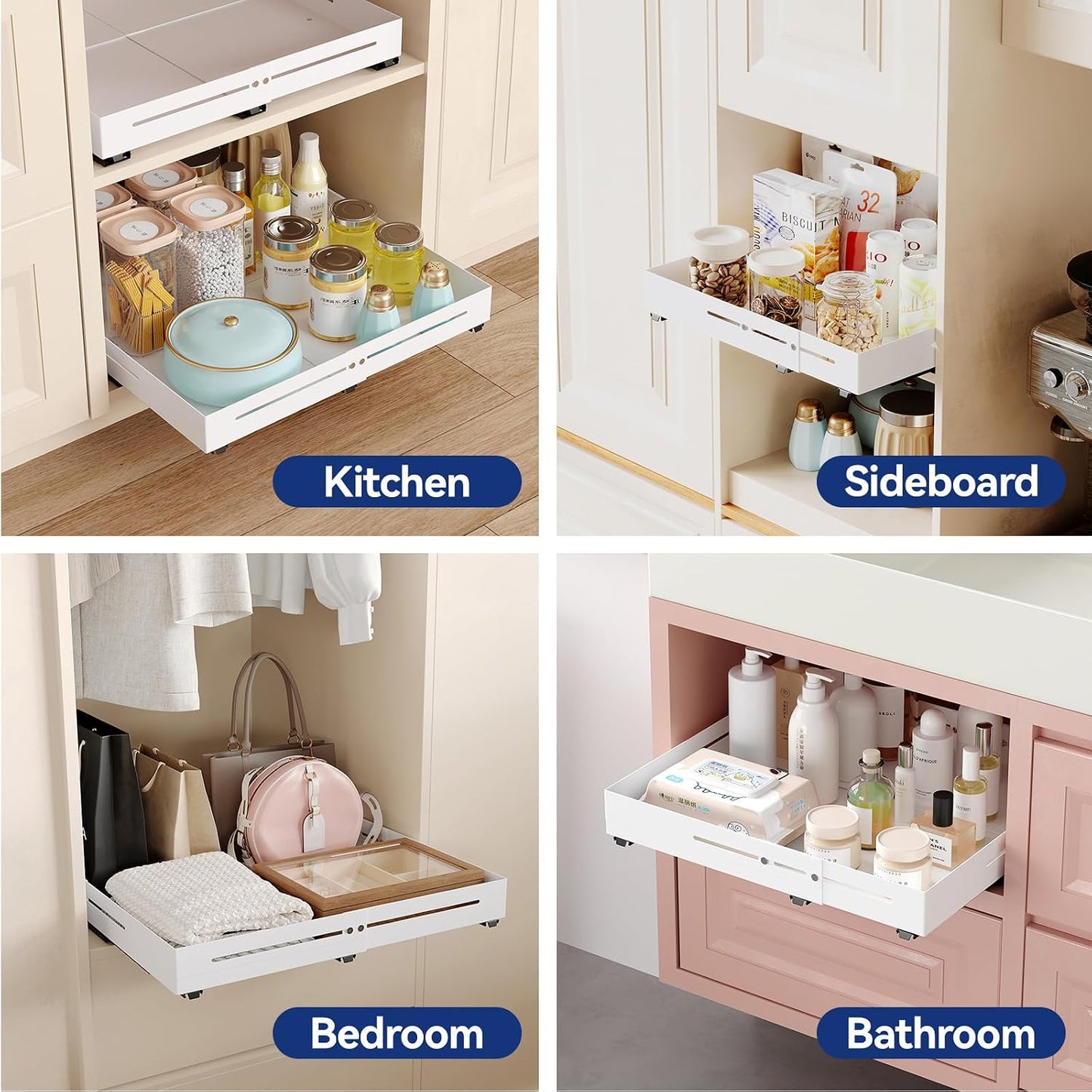 Pull out Cabinet Organizer, Full Metal Expandable Width (14.8"-20.8") & Depth (12.4"-17.7") Adjustable Slide out Drawers, No Drill Adhesive Roll out Shelves for Kitchen Pantry, White