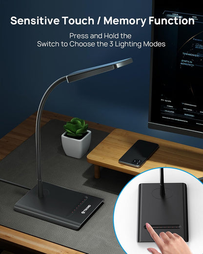 TROND Desk Lamp, Dimmable Eye-Caring Table Lamp, Memory Function, Black | 3 Color Modes 7 Brightness Levels, Flexible Gooseneck, Touch Control, Desk Light for Home Office Dorm Room Essentials