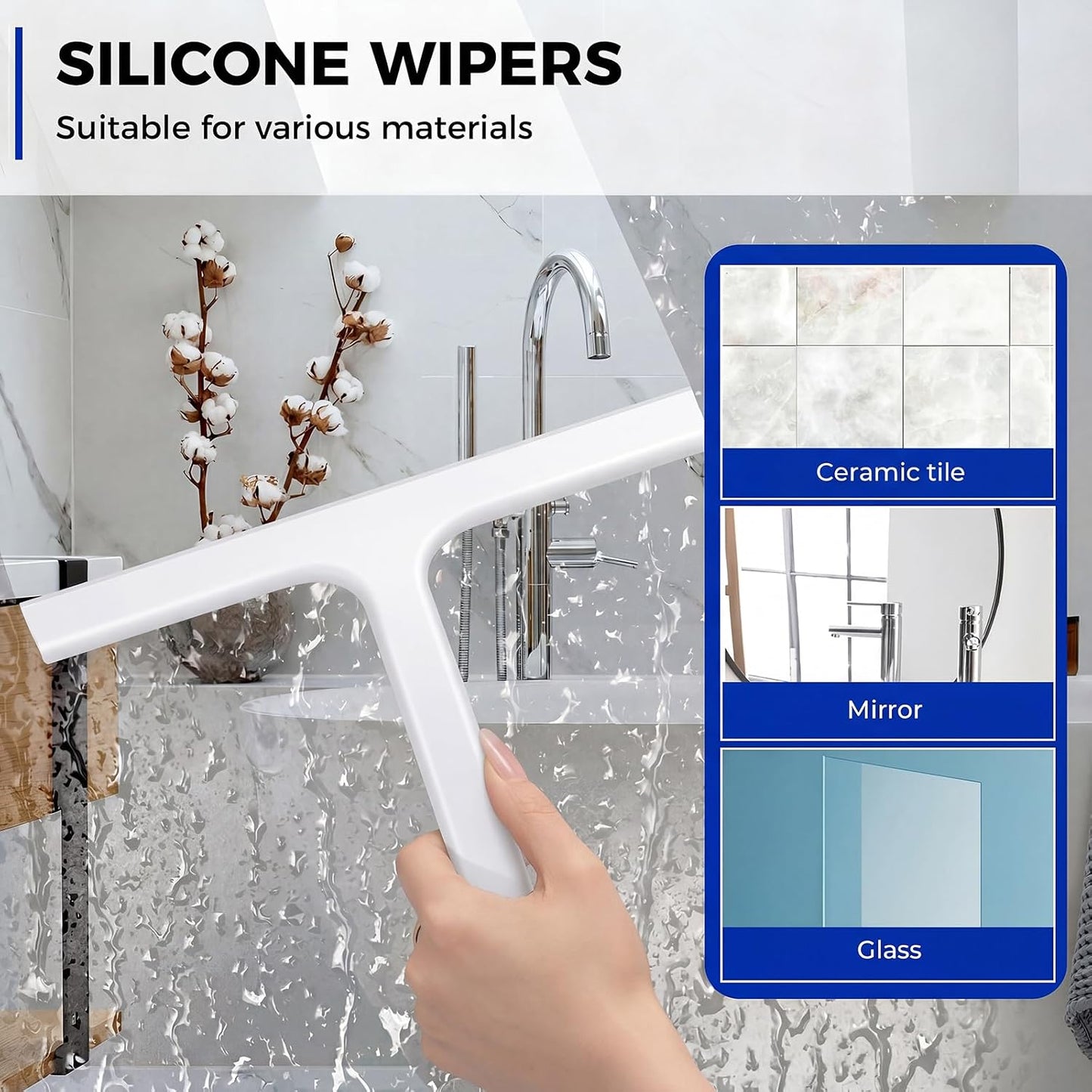 wlich 10" Shower Squeegee, Silicone Shower Wiper for Glass Doors, Black | One-Piece No-Drill Design, Flexible Silicone Squeegee for Window Cleaning, Streak-Free Cleaning Bathroom, Easy Installation