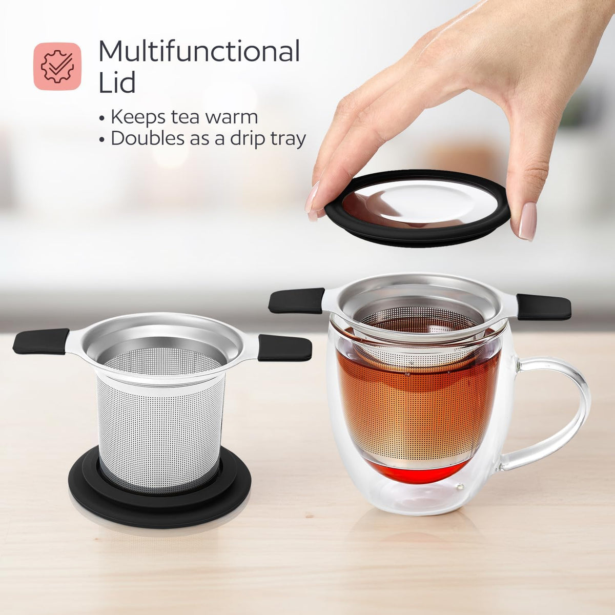 Stainless Steel Tea Infuser for Loose Leaf Tea – Extra Fine Mesh Strainer with Heat Proof Double Handles & Lid, Reusable Filter Fits Mugs, Cups & Teapots, Gray