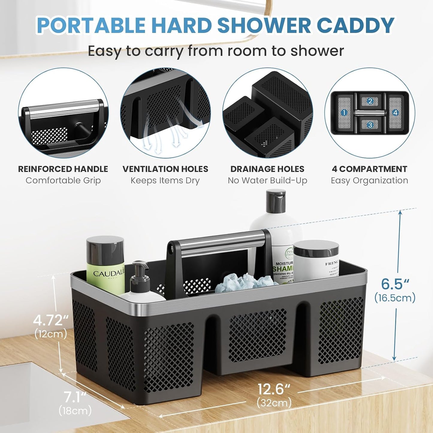 BYUNER Portable Cleaning & Shower Caddy with Handle: Rigid Plastic Basket with 4 Divided Compartments, All-Side Drainage for College Dorm, Bathroom & Utility Use, Black/Gold