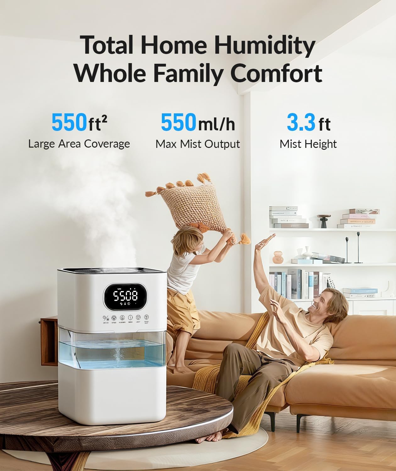 AreShark Humidifier Large Room, 2.2 Gal/8.5L Cool Warm Mist Air Humidifiers for Bedroom, 65H Runtime, Humidity Setting, Easy to Clean, Top Fill, 30dB Quiet, 550ft² Coverage, for Plants, Adults, Kids