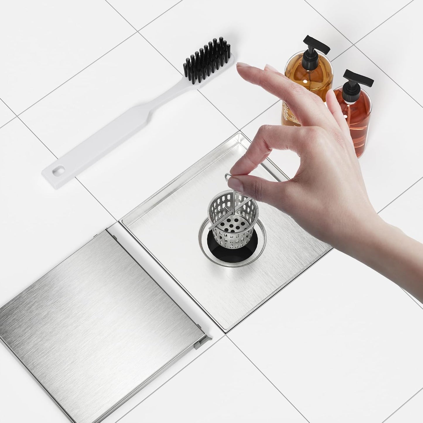 Neodrain 4" Brushed Square Shower Drain with Removable Tile Insert Grate | 304 Stainless Steel Tile Square Drain, Hidden Drain,Easy to Clean, Waterproof & Sturdy Shower Drain, CUPC Certified