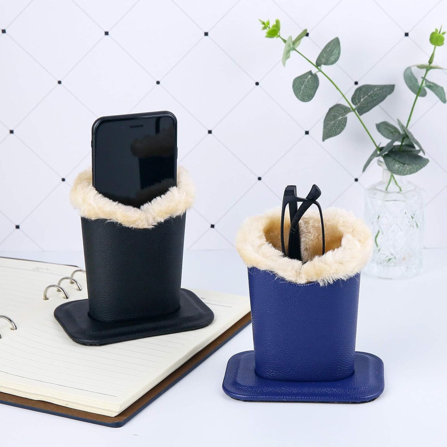Siveit Plush Lined Eyeglass Holder, PU Leather Eyeglass Case, Anti-Scratch Glasses Storage Organizer for Desk Office Nightstand,2 Packs (Black, Navy)
