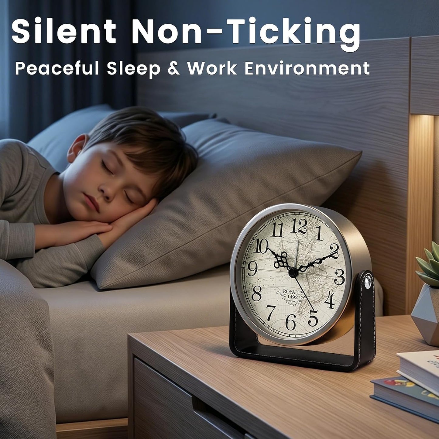 Analog Alarm Clock - 4.5" Silent Non Ticking Small Clock with Light, Rotatable Stand Metal Desk Clock Battery Operated, Simple Design for Living Room Decor/ Bedroom/Bedside/Shelf (Black & White)