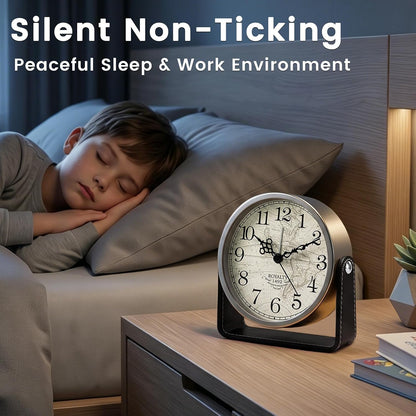 Analog Alarm Clock - 4.5" Silent Non Ticking Small Clock with Light, Rotatable Stand Metal Desk Clock Battery Operated, Simple Design for Living Room Decor/ Bedroom/Bedside/Shelf (Black & White)