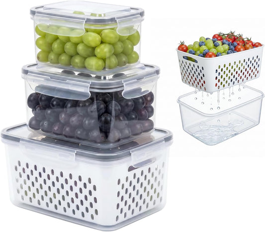 Fruit Storage Containers for Fridge, Grape Organizers with Removable Colander, 3-Pack No-Leak Design, Durable and Easy to Clean, Keeps Grapes Fresh, Perfect for Fridge Storage and Organization