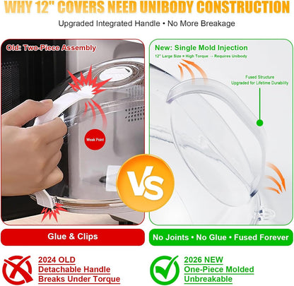 12" Clear Microwave Splatter Cover Integrated Handle BPA Free | Integrated Handle, BPA-Free, Clear PC, 12 Inch, Dishwasher Safe, Steam Vent, Food Grade, Splatter Guard,Large