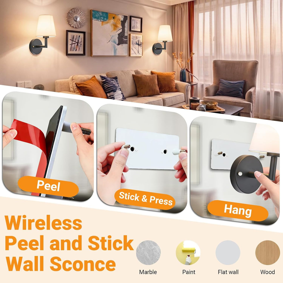Nekhung Battery Operated Wall Sconce, Peel and Stick Sconces Set of 2