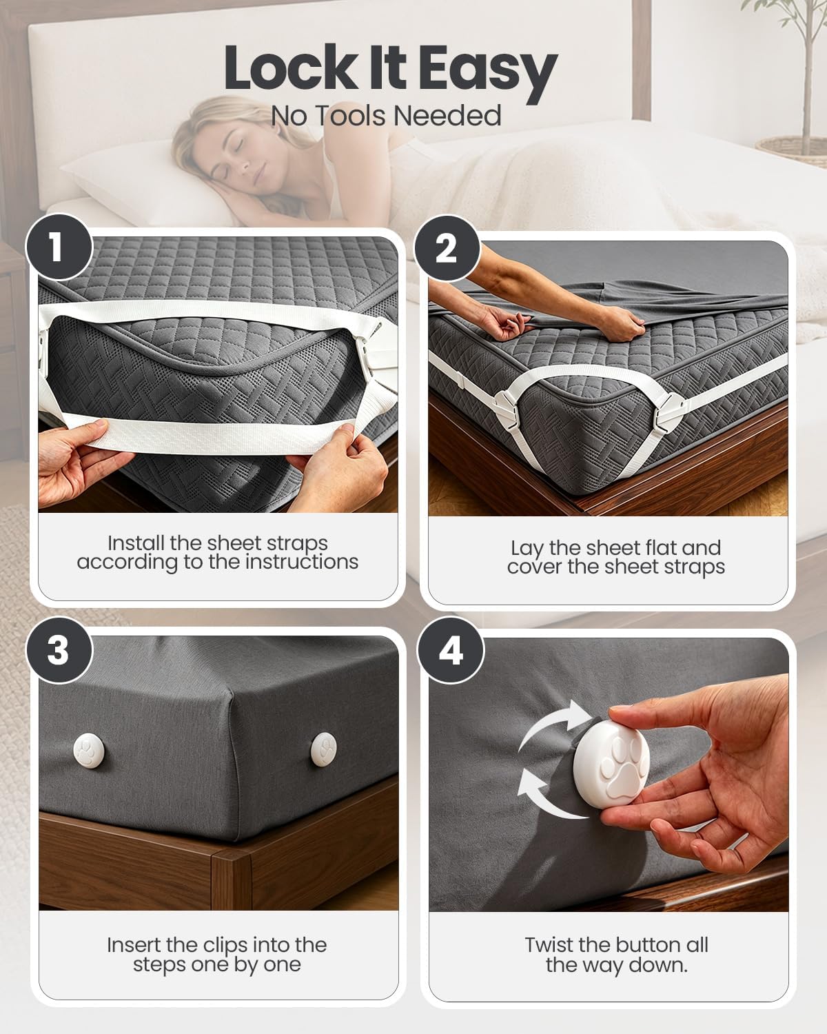 Bed Sheet Holders, Fitted Sheet Holder, 10 Twist-Locks, 360°Secure Fit