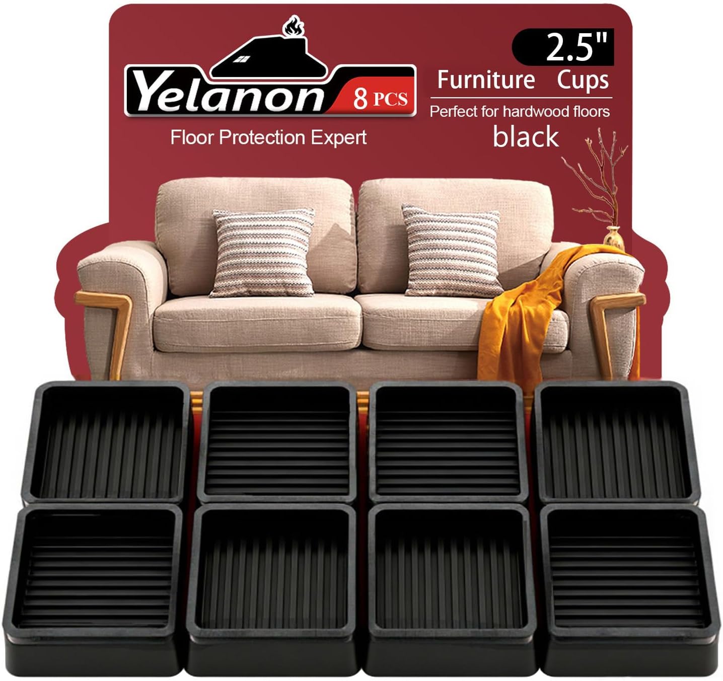 Furniture Coasters 4 Pcs 4” Furniture Caster Cups - Non Slip Furniture Pads Hardwoods Floors - Non Skid Grippers Rubber Furniture Feet Anti Slide Floor Protector for Bed Couch Stoppers Black