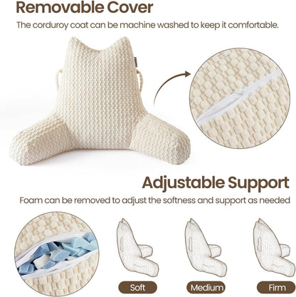 Standard Reading Pillow for Bed Sitting Up, Backrest Pillow with Shredded Memory Foam Filling, Back Support Cushion, Bed Rest Pillow with Arms, Pockets and Washable Cover-Grey