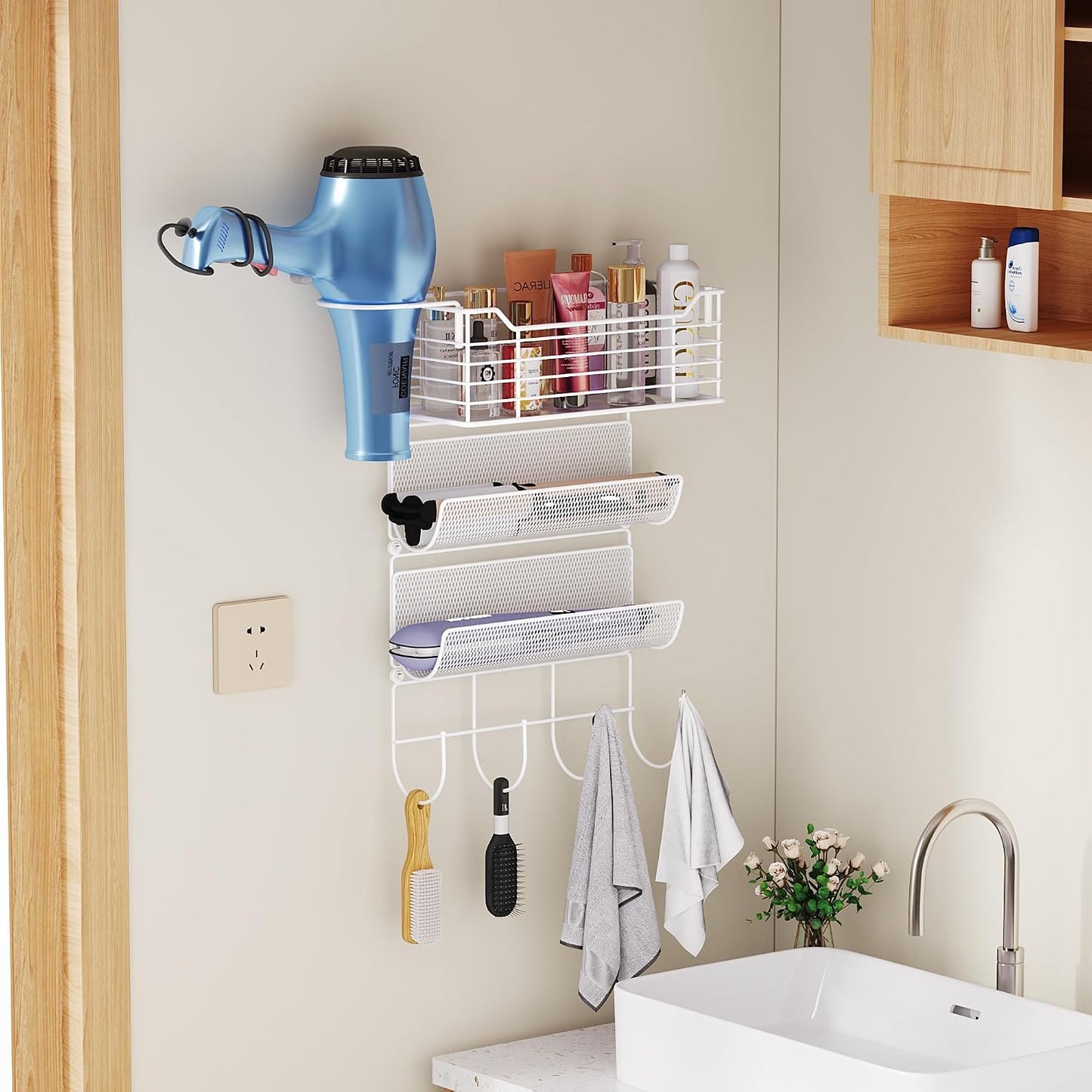 3 Tier Hair Tool Organizer Wall Mount, curling iron holder Basket, Black | Metal Mesh, Hair Dryer Holder, Bathroom Hair Styling Tool Organizer, Blow Dryer Holder, Hair Straightener Organizer