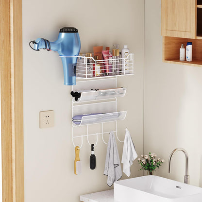 3 Tier Hair Tool Organizer Wall Mount, curling iron holder Basket, Black | Metal Mesh, Hair Dryer Holder, Bathroom Hair Styling Tool Organizer, Blow Dryer Holder, Hair Straightener Organizer