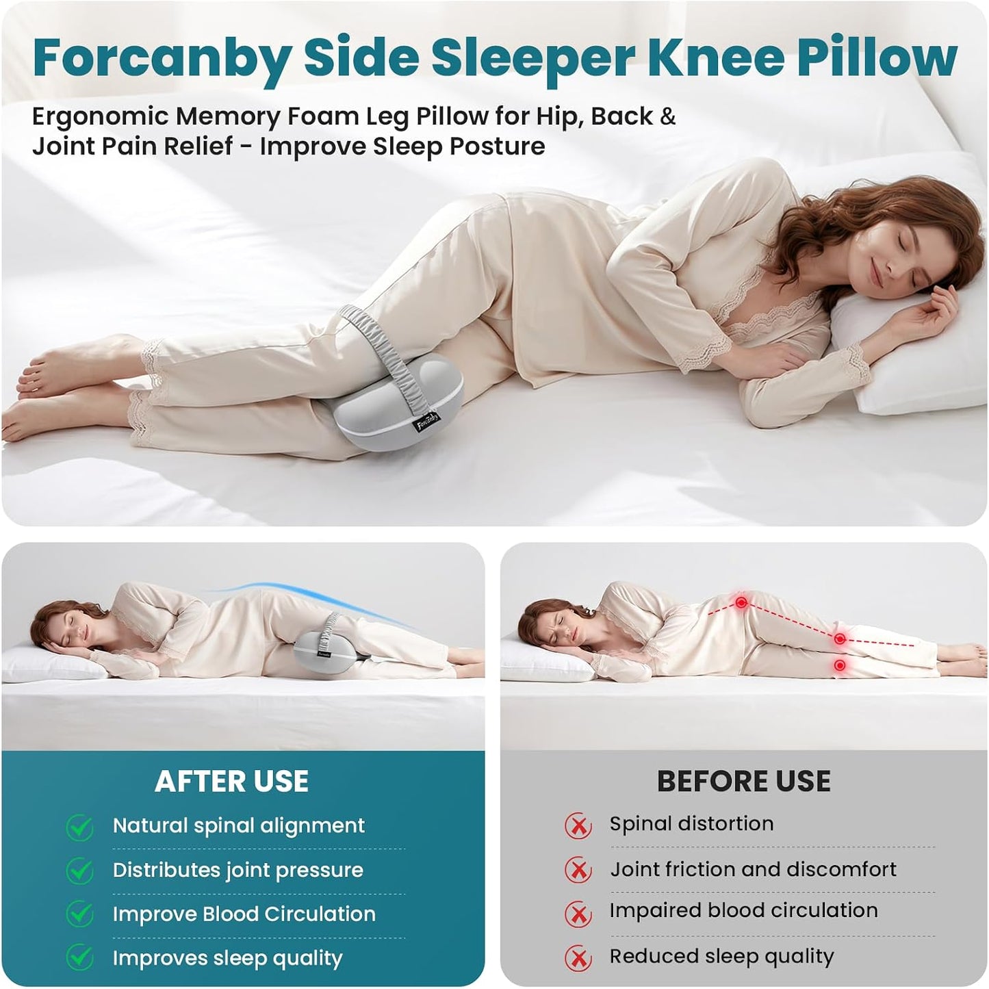 Knee Pillow for Side Sleepers - Smooth Spine Alignment Pillow, Memory Foam Knee Pillows for Back Hip Pain, Spine Aligning, Sciatica, Surgery Recovery, Pregnancy
