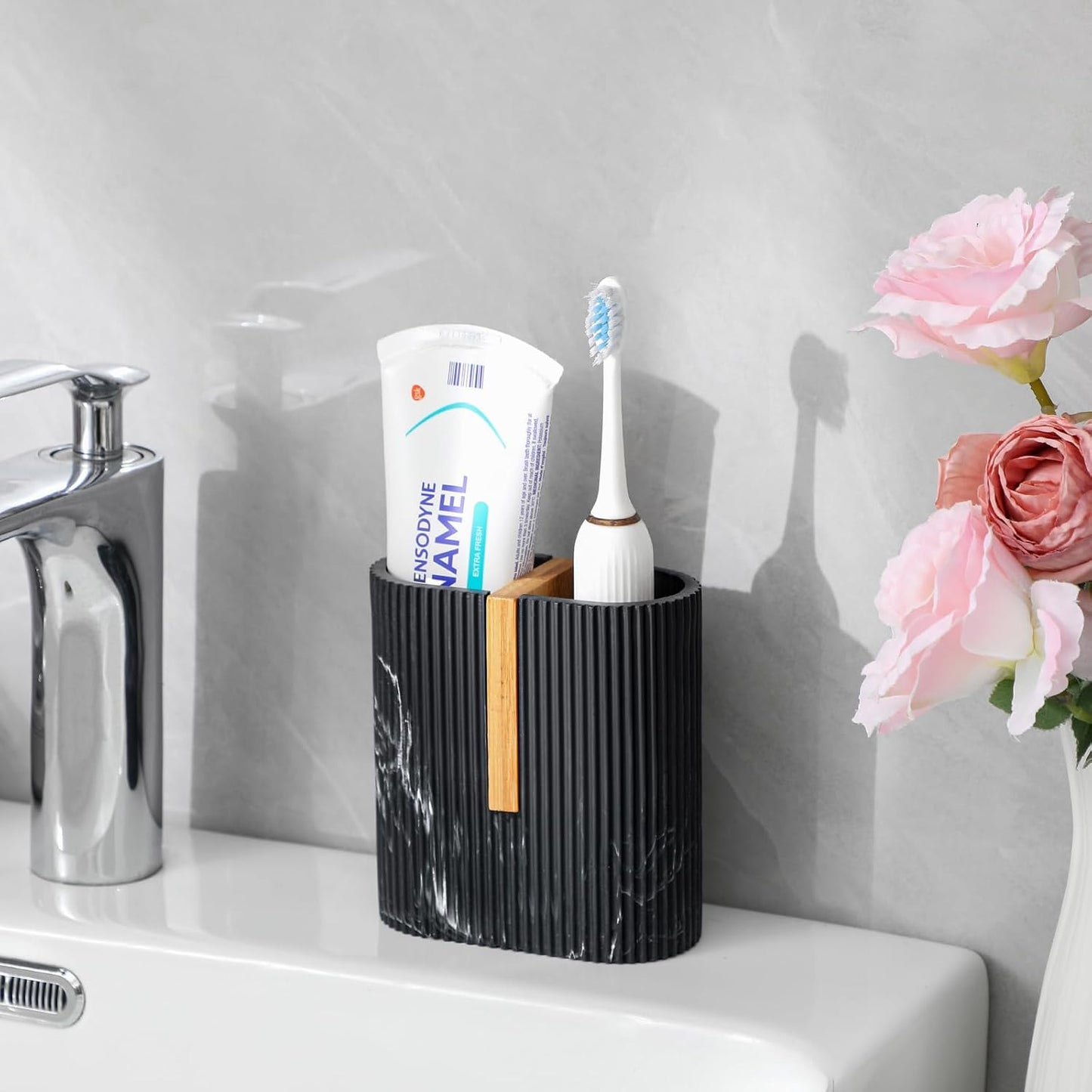 Toothbrush Holders for Bathroom, Bamboo Electric Toothbrush Stand, White | Toothbrush and Toothpaste Organizer for Sink Countertop, Bathroom Storage Stand for Brushing Accessories