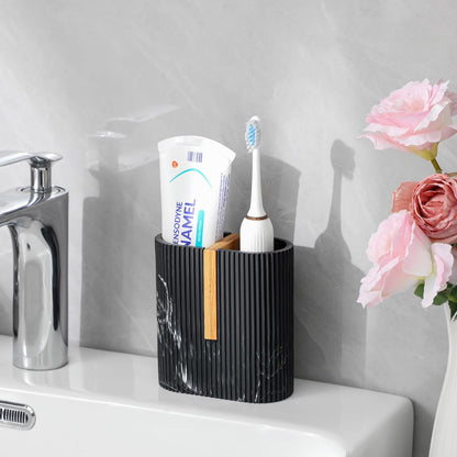 Toothbrush Holders for Bathroom, Bamboo Electric Toothbrush Stand, White | Toothbrush and Toothpaste Organizer for Sink Countertop, Bathroom Storage Stand for Brushing Accessories