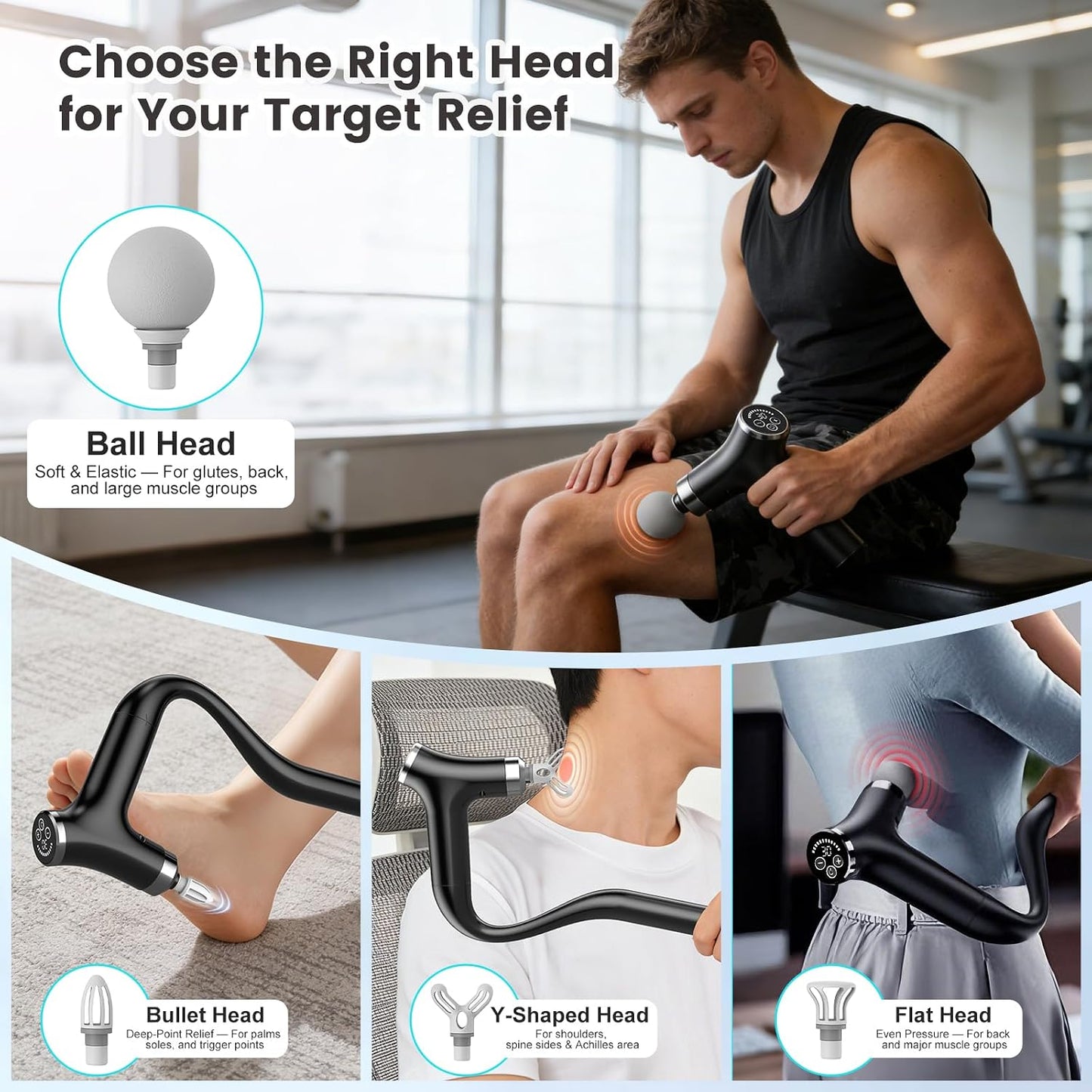 Detachable Percussion Massage Gun, Long Handle Handheld Deep Tissue Massager with 12 Speeds 4 Heads, Electric Muscle Relaxer for Back Shoulder Waist, Suitable for Men Women Athletes Home Gym Workout