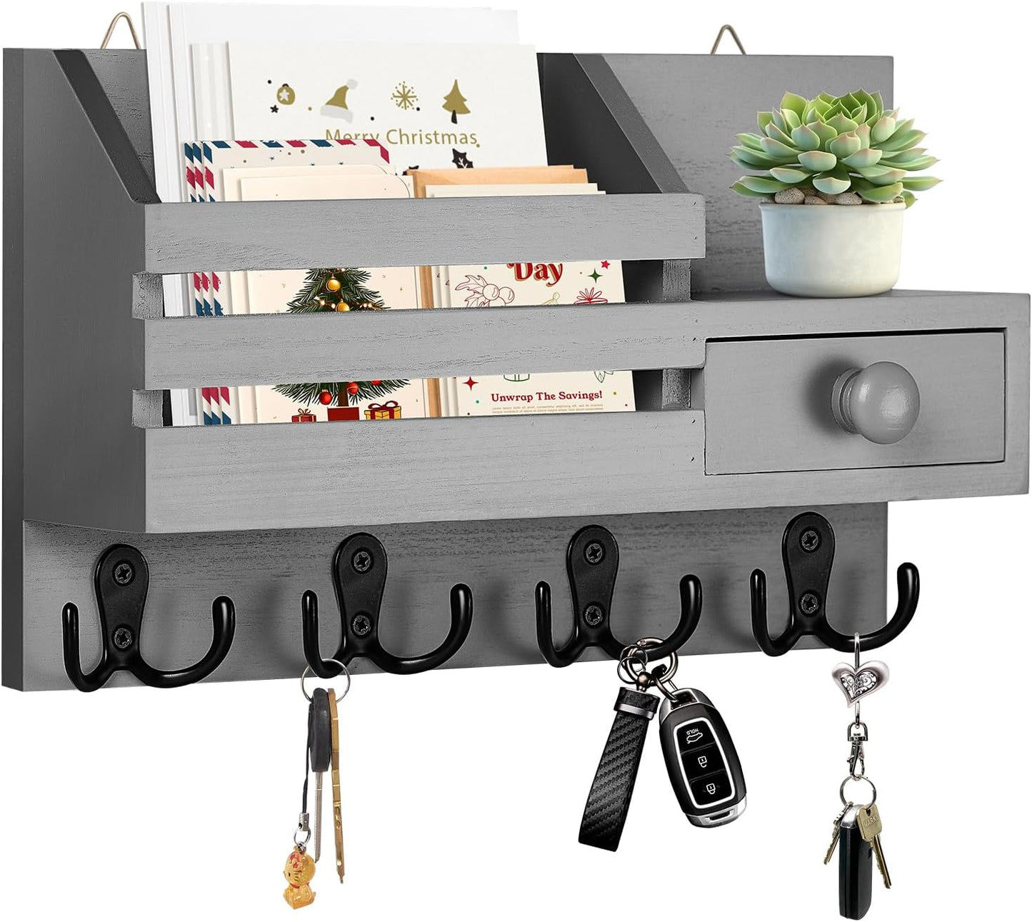 Key Holder Wall Mount, Wooden Key and Mail Organizer, Black | 2 Mount Options, Includes 8 Hooks, Fence Mail Slot, Small Drawer and Shelf, for Entryway, Hallway, Doorway, Living Room, RV