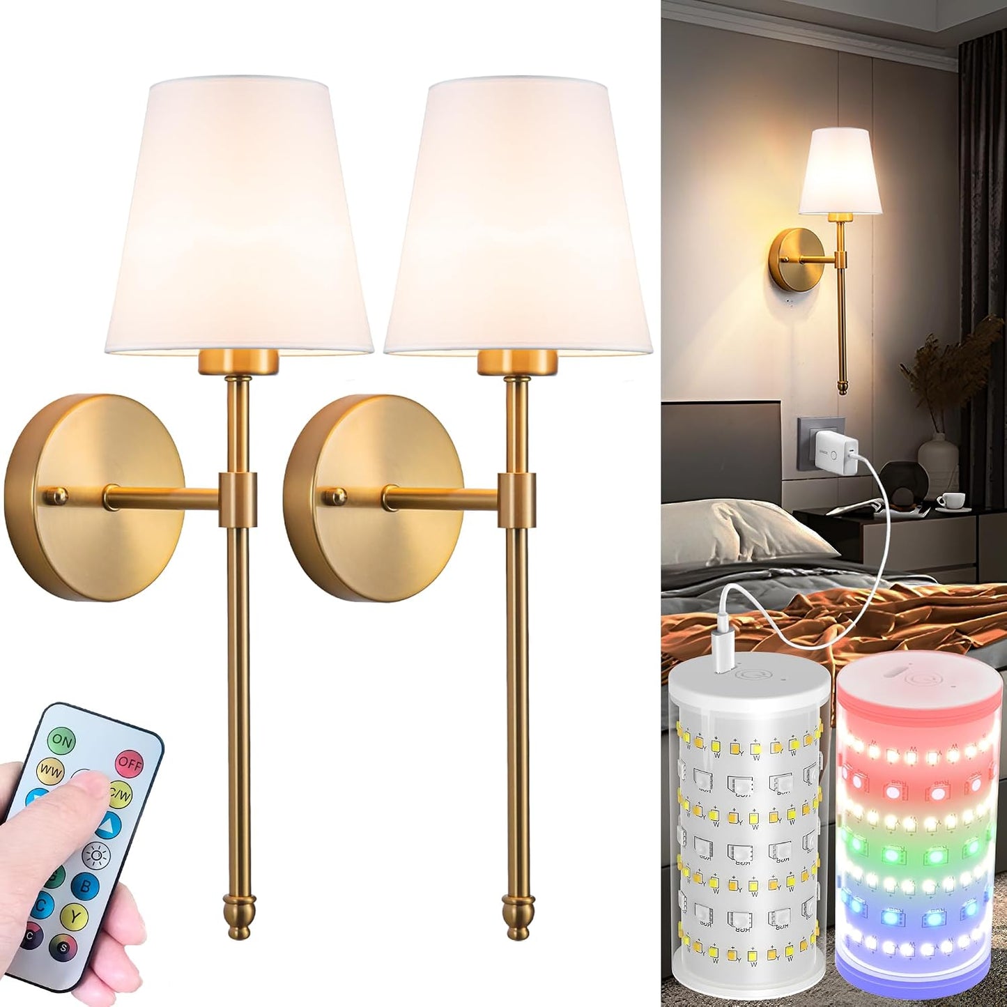 Battery Operated Wall Sconces Set Of Two, Wireless Battery Wall Light With 10000mAh RGB Rechargeable Magnetic Bulb, Rechargeable Wall Sconce With Remote Control For Bedroom, No Electrician Required
