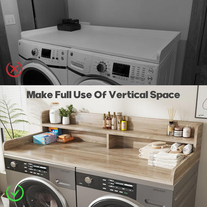 2-Tier Washer and Dryer Countertop with 2.75" H Guard,54" W x 27.5" D Laundry Countertop Cover with Non-Slip Pad,Large Space Laundry Topper for Folding Clothes Over Washer and Dryer-White