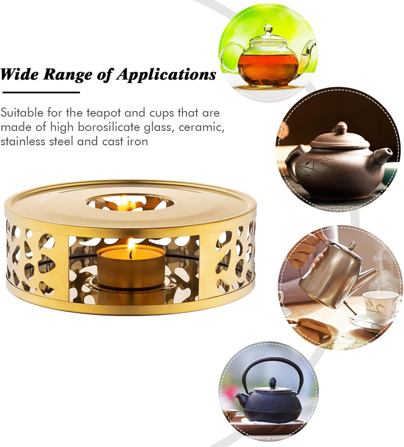 Teapot Warmer, Brushed Stainless Steel Tea Warmer with Tealight Holder, Gold