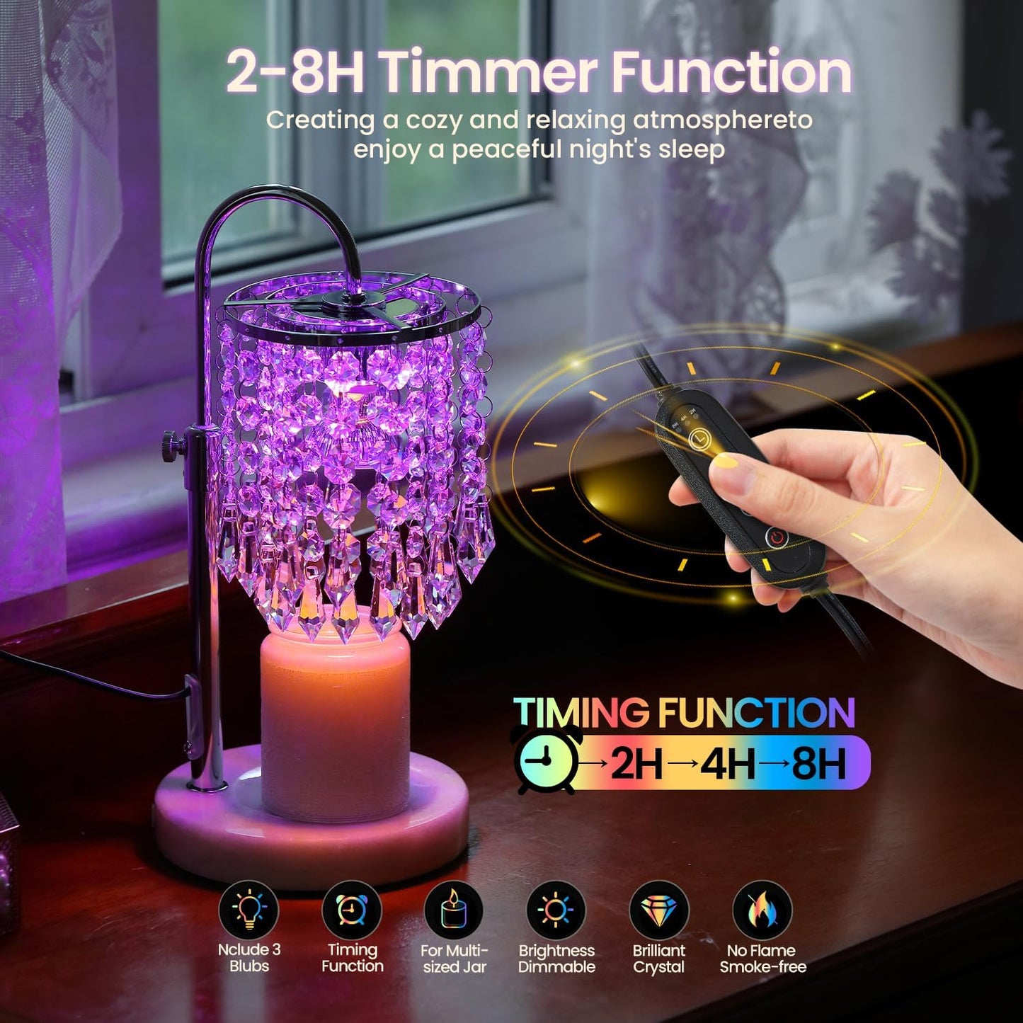 Candle Warmer Lamp with Timer Dimmer，2H/4H/8H Timer , Lamp Candle Warmer with Marble Base for Adjustable Height, Crystal Wax Melt Warmer for Jar Candles, House Warming Decor Gifts Mothers Day Gifts