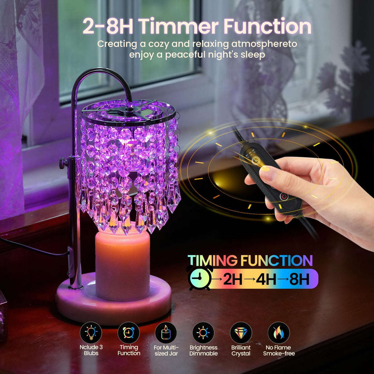Candle Warmer Lamp with Timer Dimmer，2H/4H/8H Timer , Lamp Candle Warmer with Marble Base for Adjustable Height, Crystal Wax Melt Warmer for Jar Candles, House Warming Decor Gifts Mothers Day Gifts