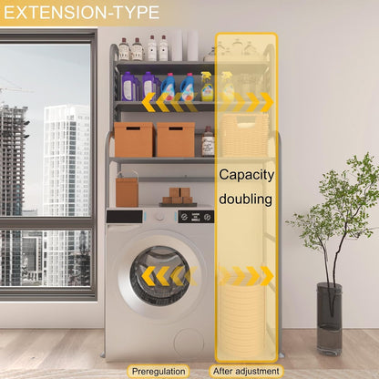 Adjustable Laundry Organizer Shelf over the Washer and Dryer Storage Shelf | 3 Tier Expandable Over Washer Storage, Over Toilet Washing Machine Bathroom Organization Shelves with Pegboard and Hook
