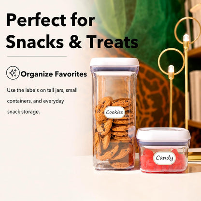 Waterproof Kitchen Labels for OXO POP Containers, 64-Pack, 2 Sizes | Removable Writable Food Storage Stickers, Tear-Resistant Pantry Organization Decals for Plastic and Glass Jars
