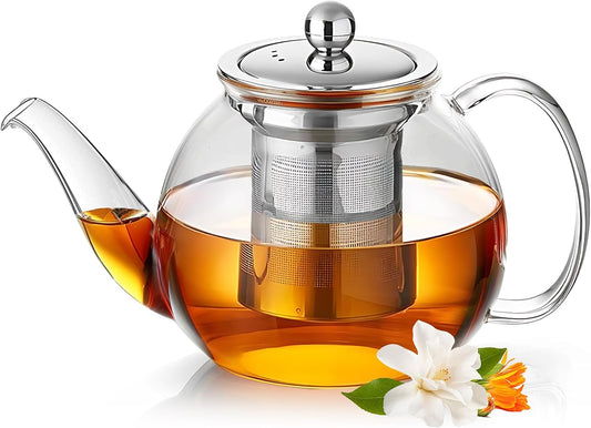 Long-Mouth Glass Teapot 34oz/1000ml with Removable Loose Tea Infuse - Glass Tea Kettle for Stove Top Removable Stainless Steel Strainer, Microwave & Dishwasher Safe, Tea Maker