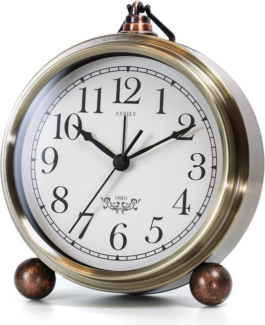 AYRELY® 5.3" Vintage Metal Analog Alarm Clock, Retro Desk and Table Clock | Antique Battery Operated Clock with Light, Elegant Bedside Gift for Bedrooms, Living Rooms, Shellf and Home Decor (Gold)