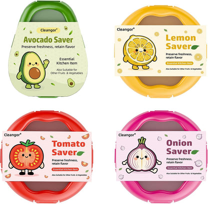 CLEANGOR Avocado Saver and Onion Saver, 4Pcs Fruit and Vegetable Savers | Silicone Food Saver with Snap-On Lid, Ideal for Avocados, Onions, Lemons, Orange and Tomatoes, Reusable, Dishwasher Safe