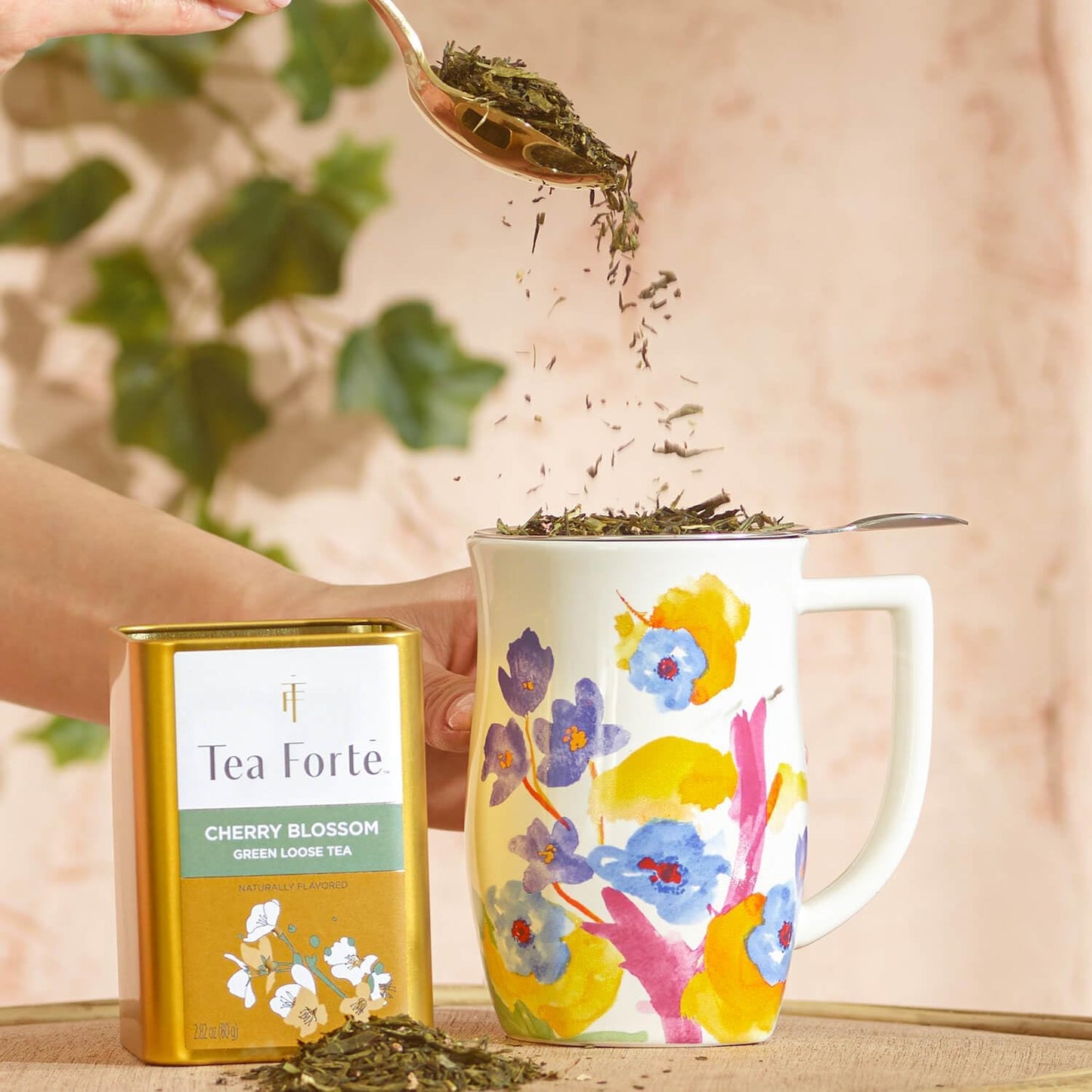 Tea Forte Ceramic Fiore Tea Cup with Infuser, Blue Agave, 14 oz | Insulated Ceramic - Stainless Steel Loose Leaf Infuser - Keeps Tea Hot Longer - Lid Included - Microwave & Dishwasher Safe
