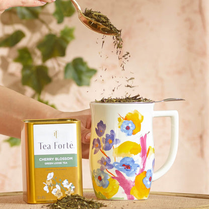 Tea Forte Ceramic Fiore Tea Cup with Infuser, Blue Agave, 14 oz | Insulated Ceramic - Stainless Steel Loose Leaf Infuser - Keeps Tea Hot Longer - Lid Included - Microwave & Dishwasher Safe