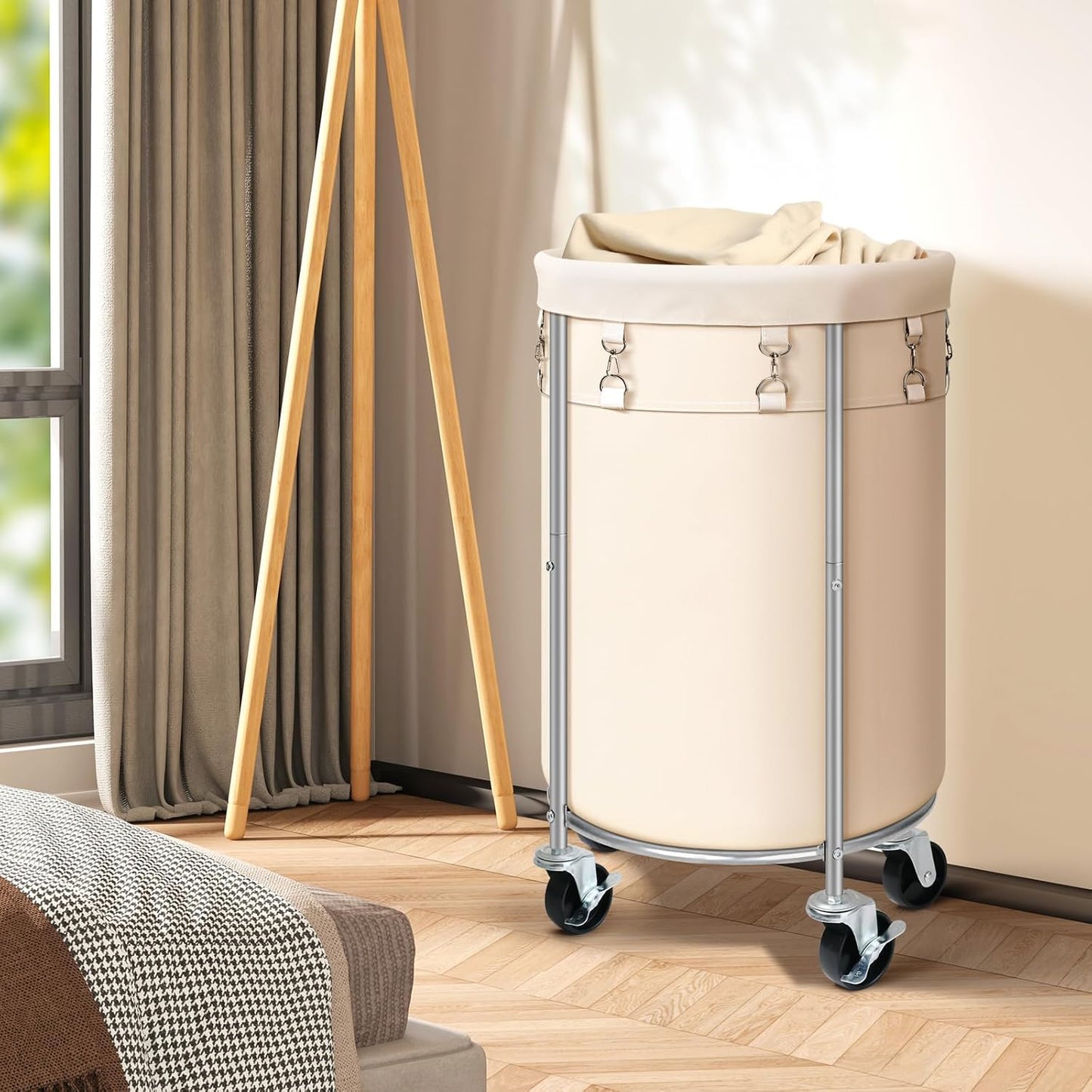 100L Round Rolling Laundry Hamper Basket with Wheels, Grey | Laundry Sorter Cart with Removable Bag, Clothes Organizer, Metal Frame, Bedroom, Bathroom, Laundry Room, Dorm Use