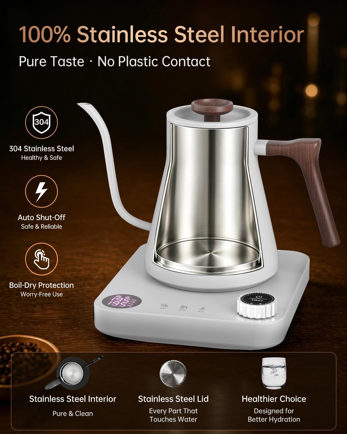 Gooseneck Electric Kettle with Temperature Control, 0.9L, Black | ±1°F Precision Pour Over Kettle, LCD Dual Display, Smart Two-Stage Heating, 2H Keep Warm, 304 Stainless Steel Interior