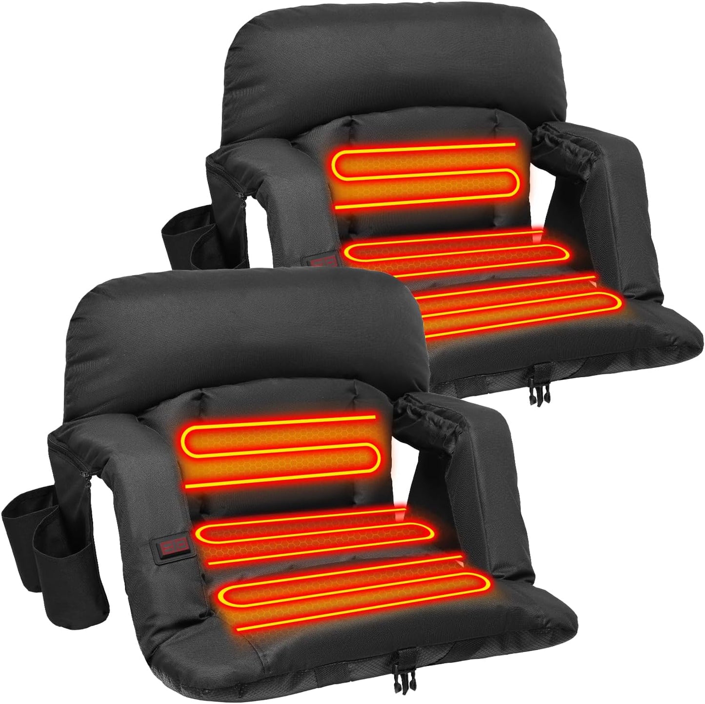 Suteck Heated Stadium Seats with Back Support 2 Pack, 23" Wide Sofa Style | Dual-Zone USB Heat, 6 Recliner, 3.83" Soft Cushion, 600D Waterproof, Hook Straps, Storage Pockets & Cup Holder, Half Fold