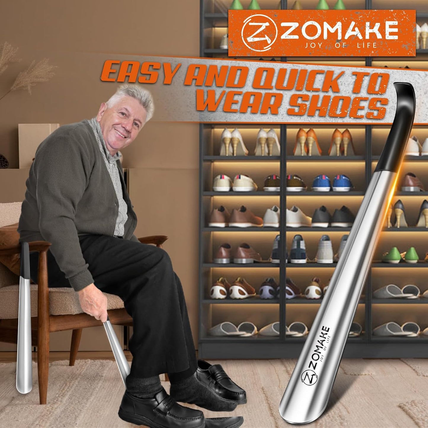 ZOMAKE Shoe Horn Long Handle for Seniors Men Women, Metal Shoehorn 16.5" | Stainless Steel Boot Horn Shoe Spoon Helper, Comfort Grip Handle, Smooth Edges, No Bending Required, Shoe Care for Daily Use