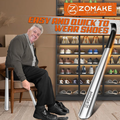 ZOMAKE Shoe Horn Long Handle for Seniors Men Women, Metal Shoehorn 16.5" | Stainless Steel Boot Horn Shoe Spoon Helper, Comfort Grip Handle, Smooth Edges, No Bending Required, Shoe Care for Daily Use