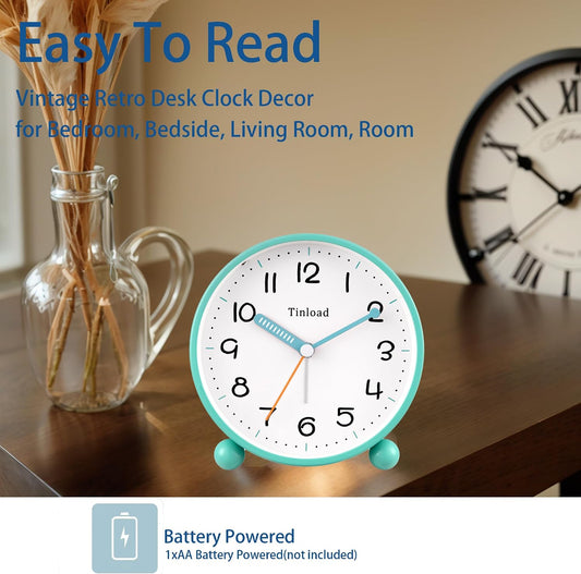 Tinload 4.5" Antique Retro Analog Alarm Clock, Small Silent Battery Operated Clock with Manual Light, Snooze, Vintage Decor for Bedroom, Living Room, Office, Bedside,Desk（Green）