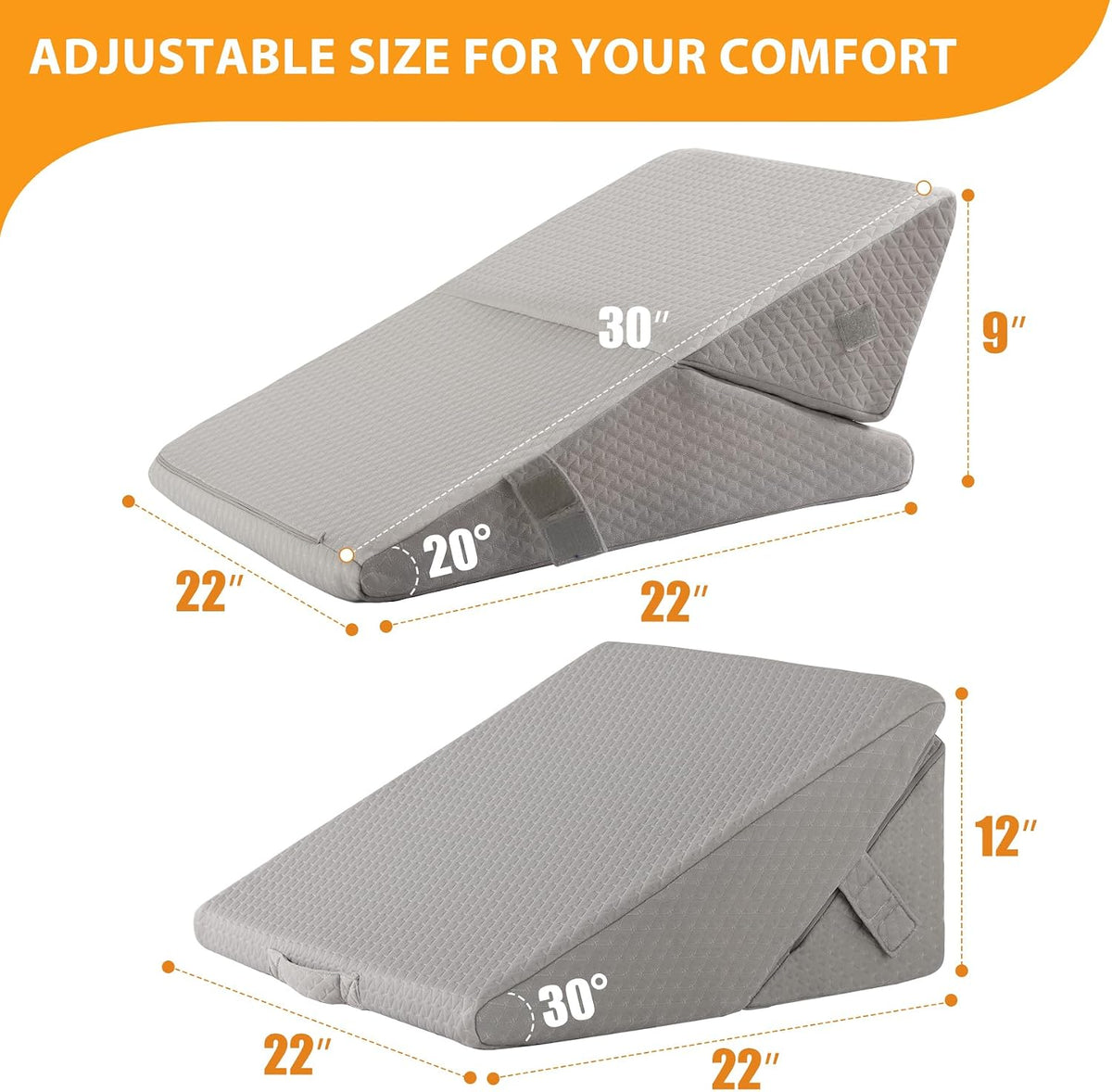 Ruqmuis Wedge Pillow Set for After Surgery, 3PCS Adjustable 9&12 Inch Bed Wedge Pillow for Sleeping, Incline Pillow Wedge for Headboard, Post Surgery, Acid Reflux, Neck&Back Support, White/Grey