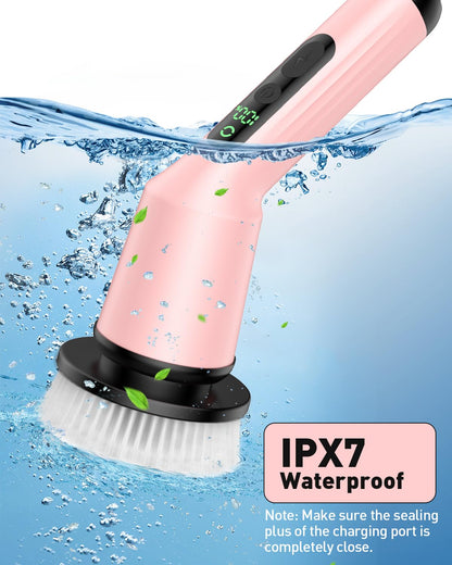 Electric Spin Scrubber for Bathroom, Shower Scrubber with Long Handle | Shower Cleaner Brushes, IPX7 Waterproof & 2 Speed, 3 Brush Heads, 90min Runtime, Bathroom Cleaning Supplies for Toilet Tub