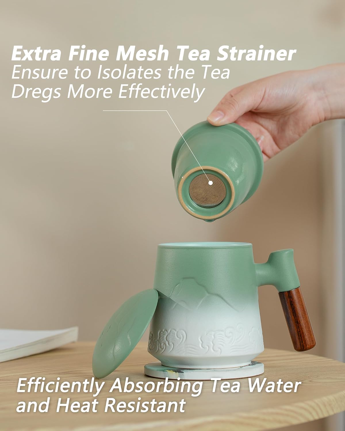 ZENS Tea Cup with Infuser and Lid & Coaster for Tea Steeper, 15oz Blue | Embossed Ceramic Tea Infuser Mug for Loose Leaf Tea Difussers, Tea Lovers Gifts, Nature Wood Handle