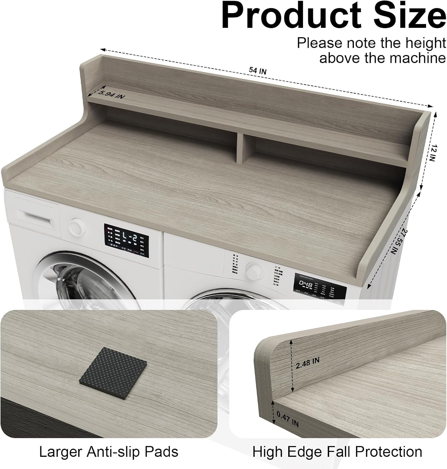 Washer Dryer Countertop, 54" x 27.55" 2-Tier Washer Dryer Topper with Edge, for Laundry Room Organization Oak