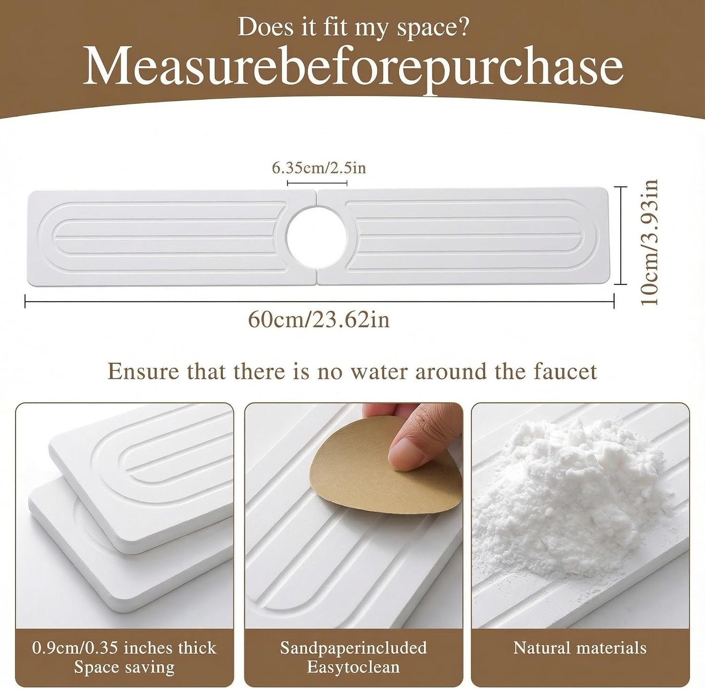 Diatomite Faucet Mat for Kitchen Sink, Quick-Dry Stone-Like Sink Mat, Flat Lay Absorbent Countertop Drying Mat for Faucet Area, Hard Diatomite Mat, Gray, 23.6 x 4 in