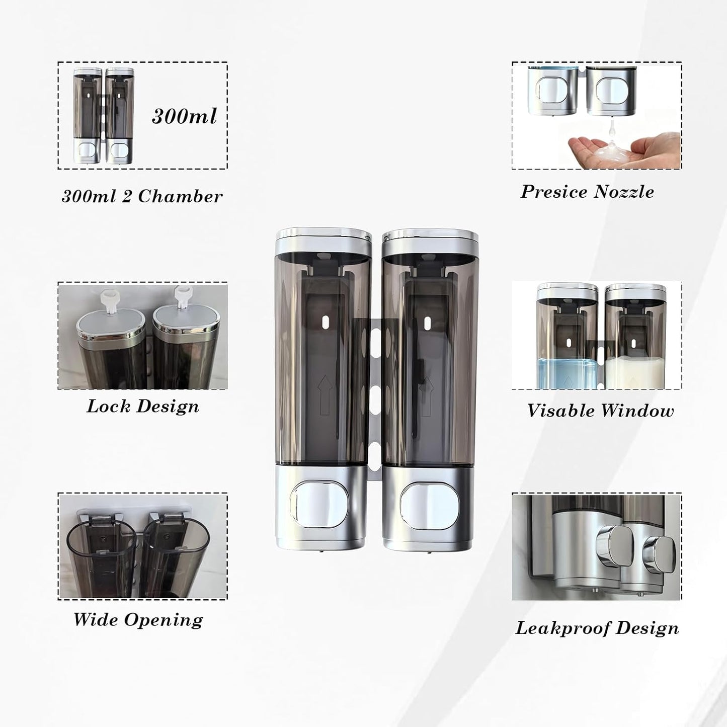 10oz/300ml Single Manual Wall Mounted Soap Dispenser, Black | Bathroom Shampoo and Conditioner Dispenser, Clear Plastic Refillable Liquid Lotion Pump Dispenser and Organizer